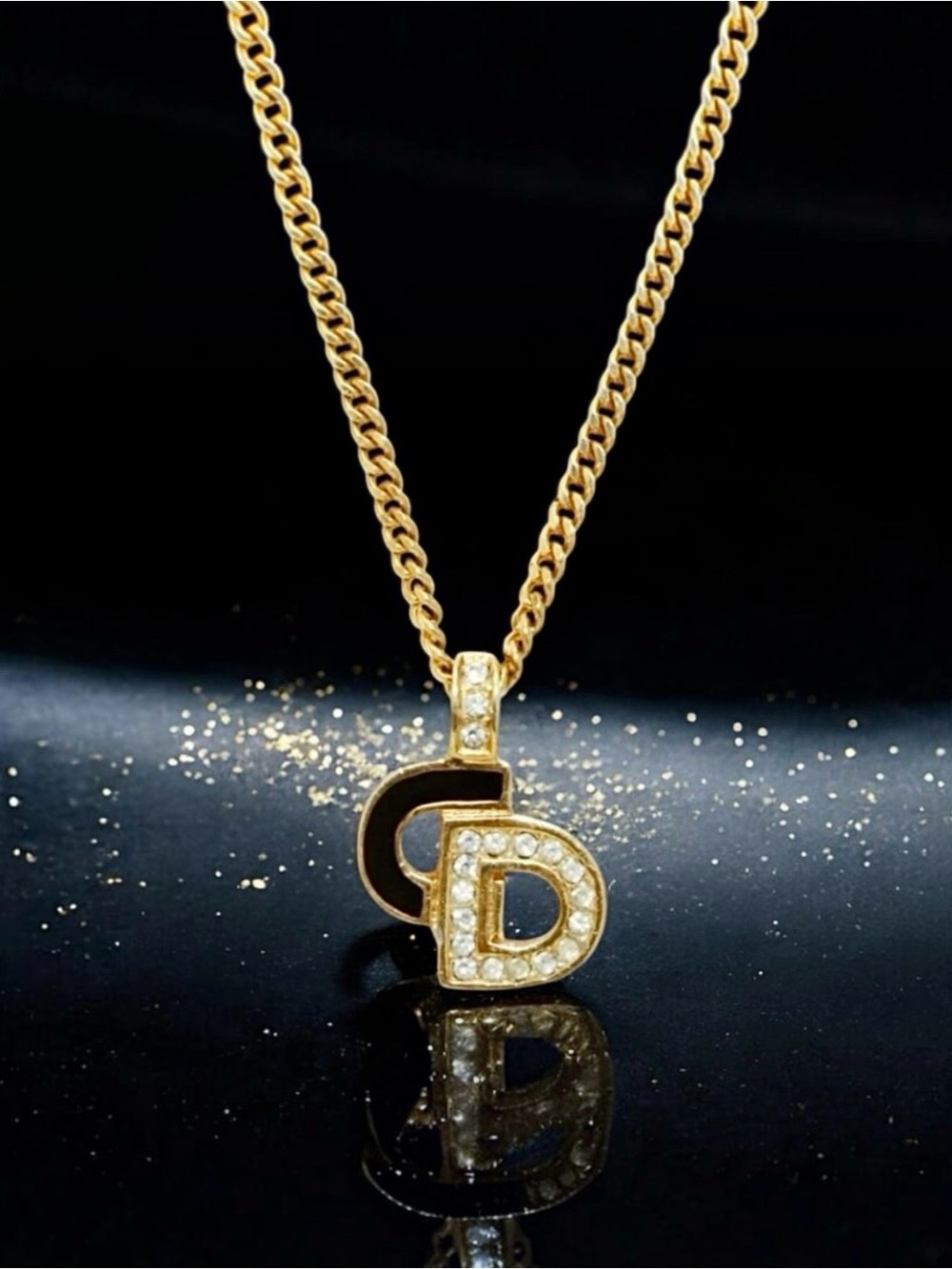 💞VINTAGE DIOR 18K Gold-Plated Enamel + Crystal Embellished CD Logo Necklace 17"